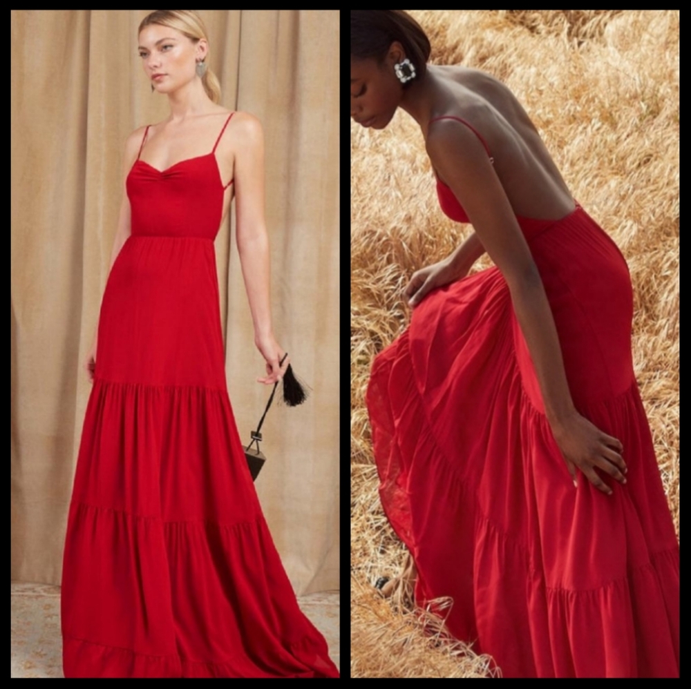 Reformation Red Tiered Spaghetti-Strap Maxi Dress
